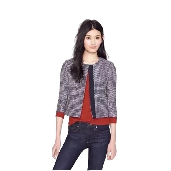J Crew Navy 3/4 Sleeve Silk Blend Cropped Tweed Blazer Jacket Size 2 - Picture 1 of 8